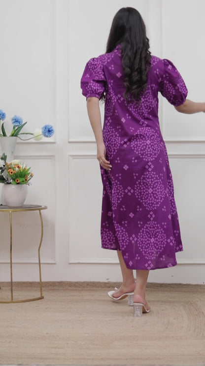 Miravan Womens Purple Bandhni printed A-Line Midi Dress
