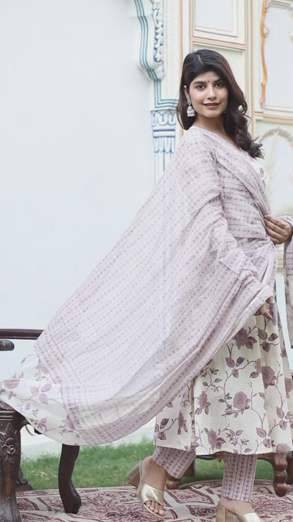 Women's Pink Floral Print Anarkali Kurta With Palazzo & Dupatta Set - Miravan