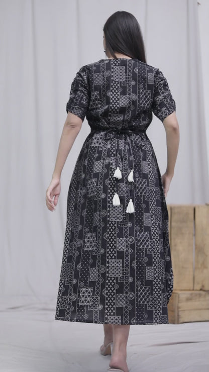 Miravan Womens Pure Cotton Black Floral Printed Front Button A-Line Midi Dress