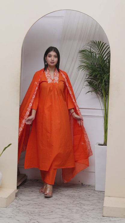 Women's Orange Cotton Embroidered A-Line Kurta And Palazzo With Dupatta Set - Miravan