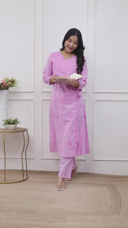 Miravan Womens Pink Lucknowi Angrakha Style Kurta with Palazzo