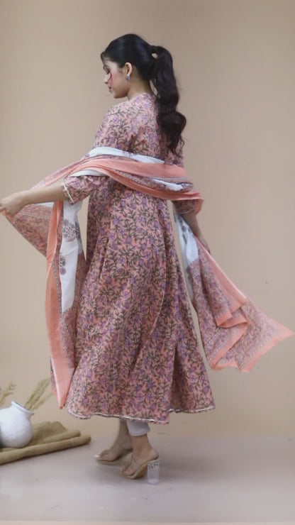 Women'S Surpassing Orange Partywear Floral Printed Anarkali Kurta Dupatta  - Miravan