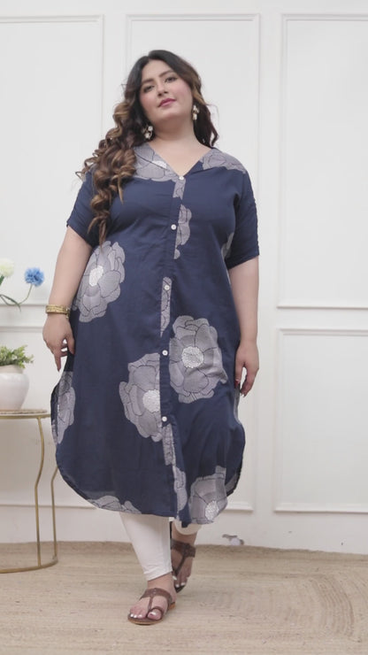 Miravan Womens Plus Size Blue Floral Printed Front Buttoned A-Line Kurta Dress