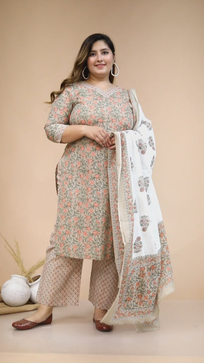 Women's Plus Size Brown Floral Printed Gotta Patti Pure Cotton Kurta With Palazzo And Dupatta Set - Miravan