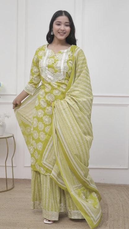 Miravan Women's Lime Yellow Embroidered Straight Kurta with Palazzo and Dupatta