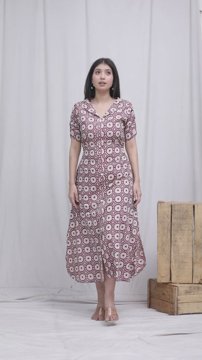 Miravan Womens Cotton Floral Printed Cream A-Line Maxi Dress with Buttons