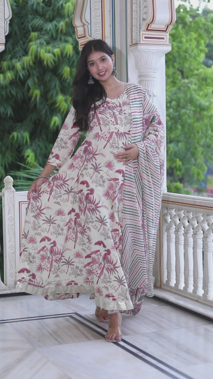 Women's Light Pink Cotton Birds And Leaf Floral Printed Anarkali Kurta And Dupatta Set - Miravan