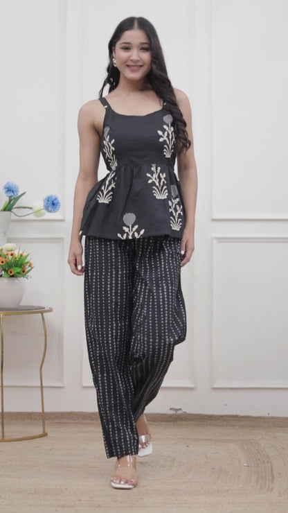 Miravan Womens Floral Printed Black pure cotton Kurti with Palazzo
