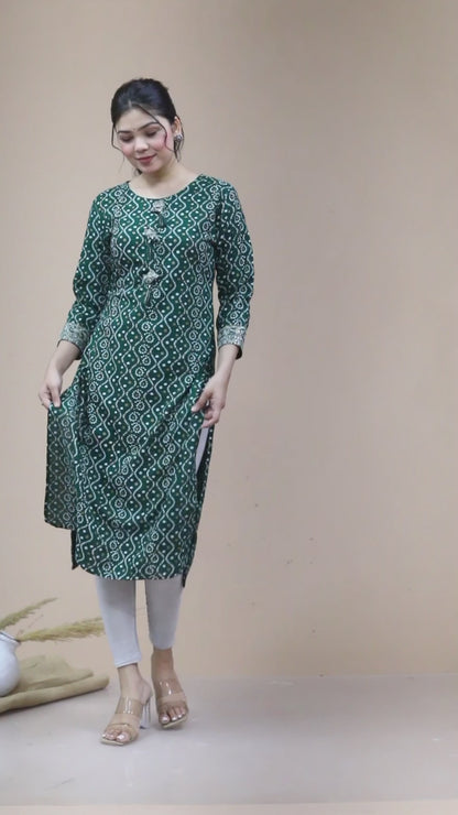 Women'S Rayon Bandhani Print Straight Kurti Green - Miravan