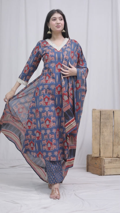 Miravan Womens Pure Cotton Animal Printed Zari Lace Work Blue Jaipuriya Anarakali Suit Set